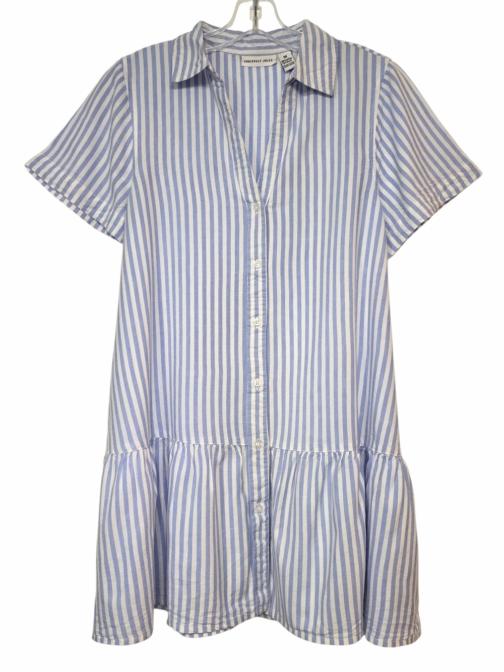 Sincerely Jules Blue White Striped Button Front Ruffle Hem Shirt Dress Size M